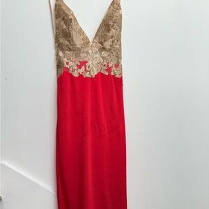Abyss By Abby Gold and Red Plunge Neck Slip Dress